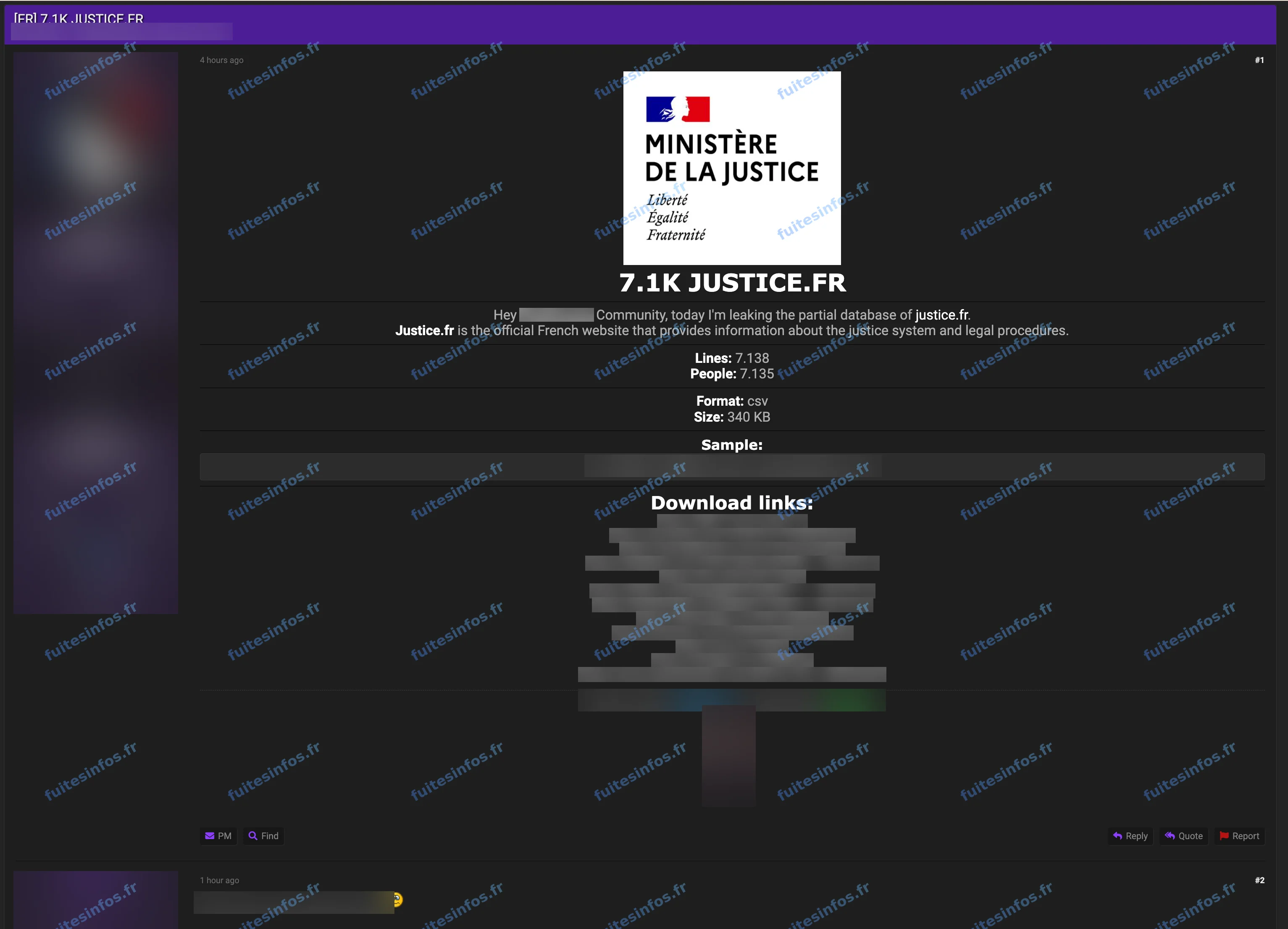 Capture filigranée et masquée de la revendication visant Justice.fr