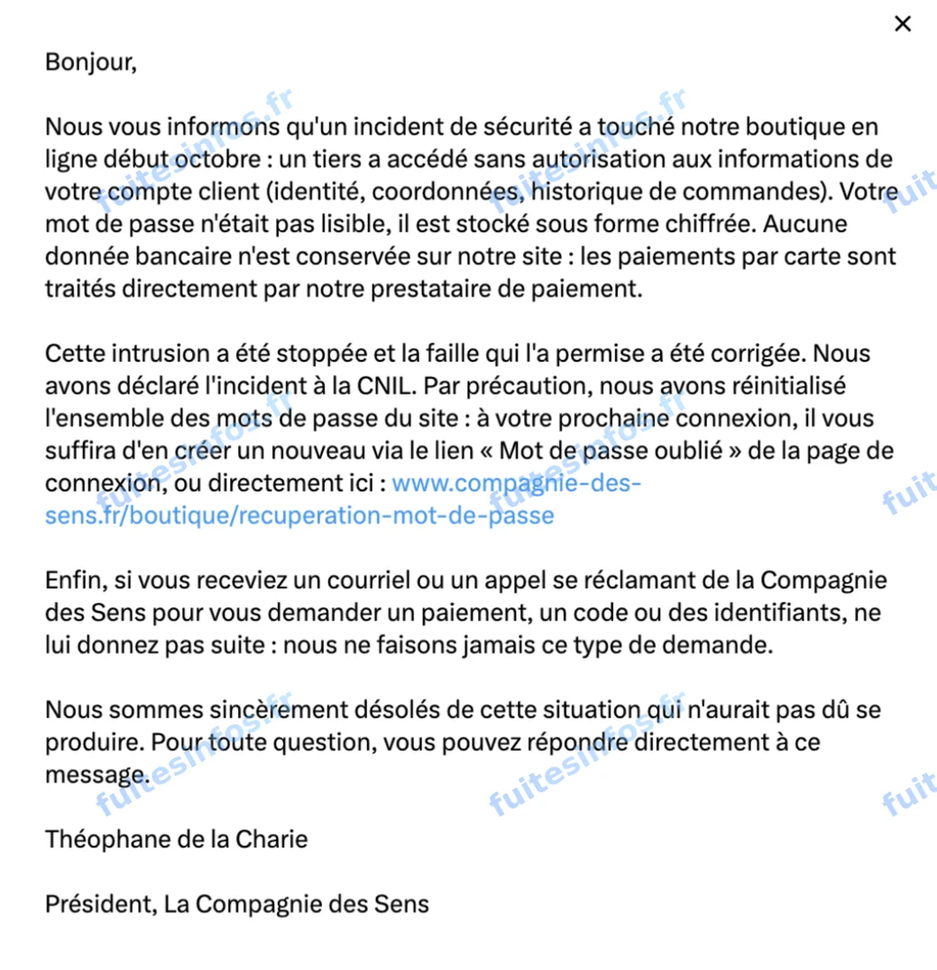 Capture filigranée du courriel de notification adressé par La Compagnie des Sens à ses clients