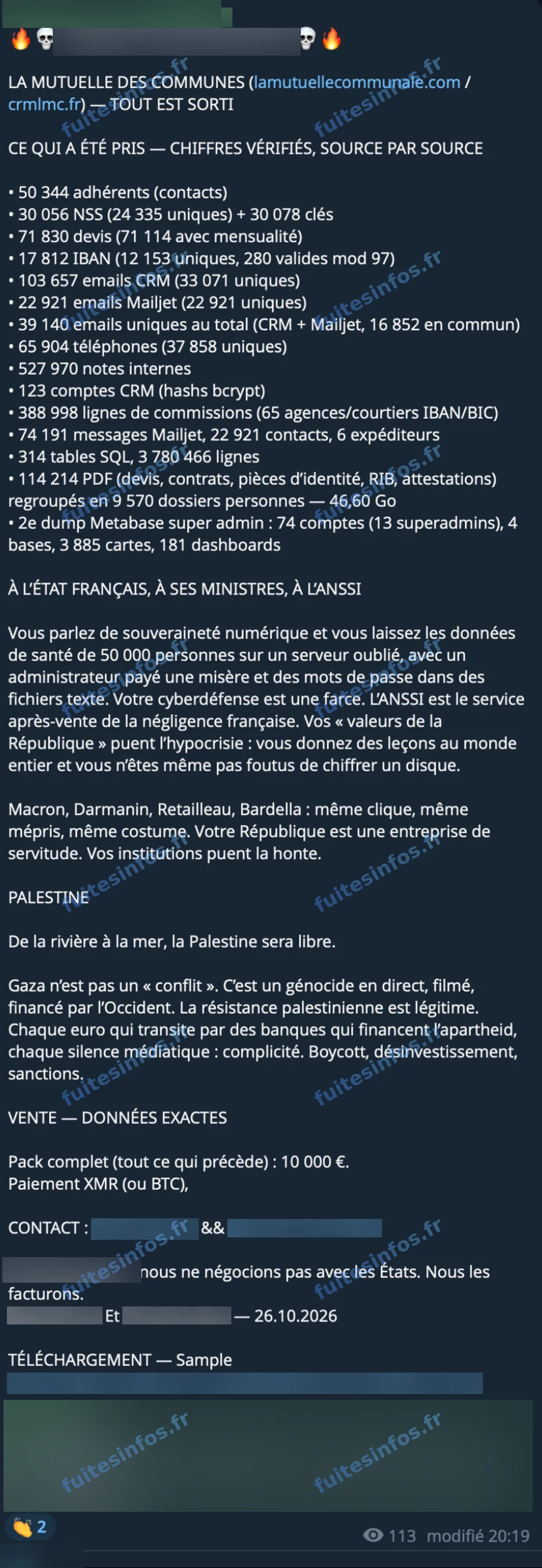 Capture filigranée et masquée de l'annonce de mise en vente visant La Mutuelle Communale