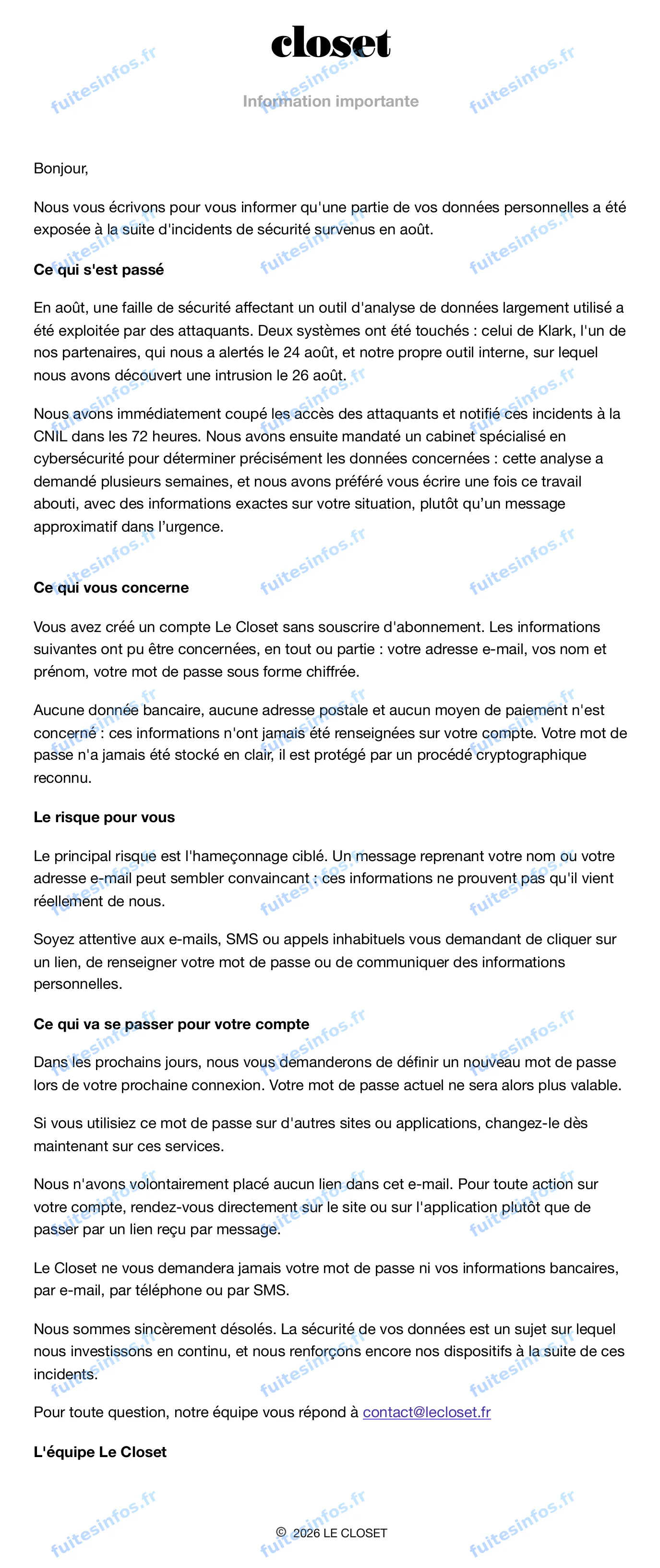 Capture filigranée du courriel de notification de Le Closet
