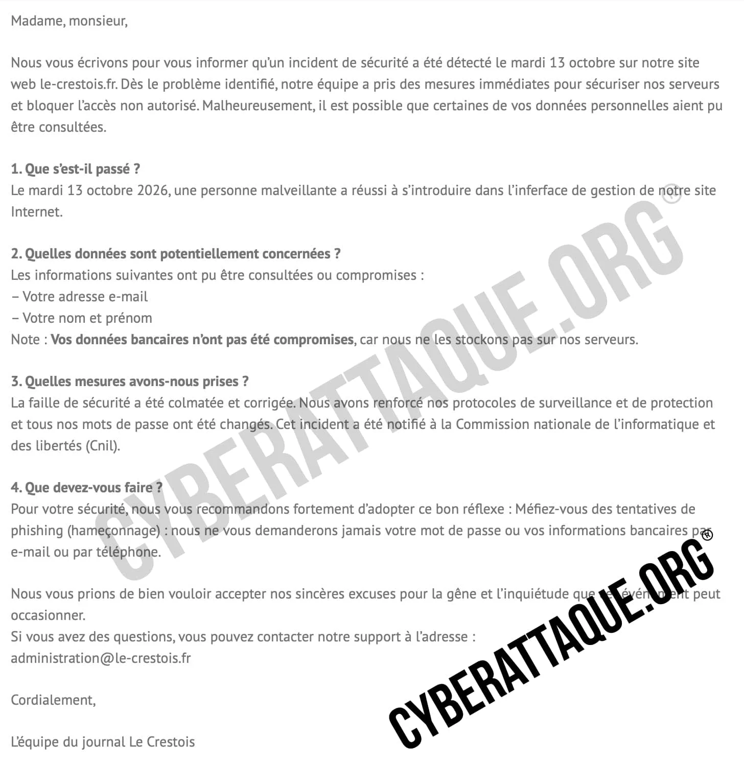 Capture du courriel de notification adressé par Le Crestois à ses lecteurs