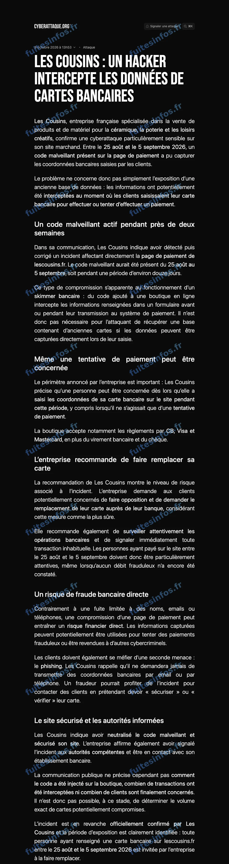 Capture filigranée de l'article de Cyberattaque.org relayant la communication de Les Cousins