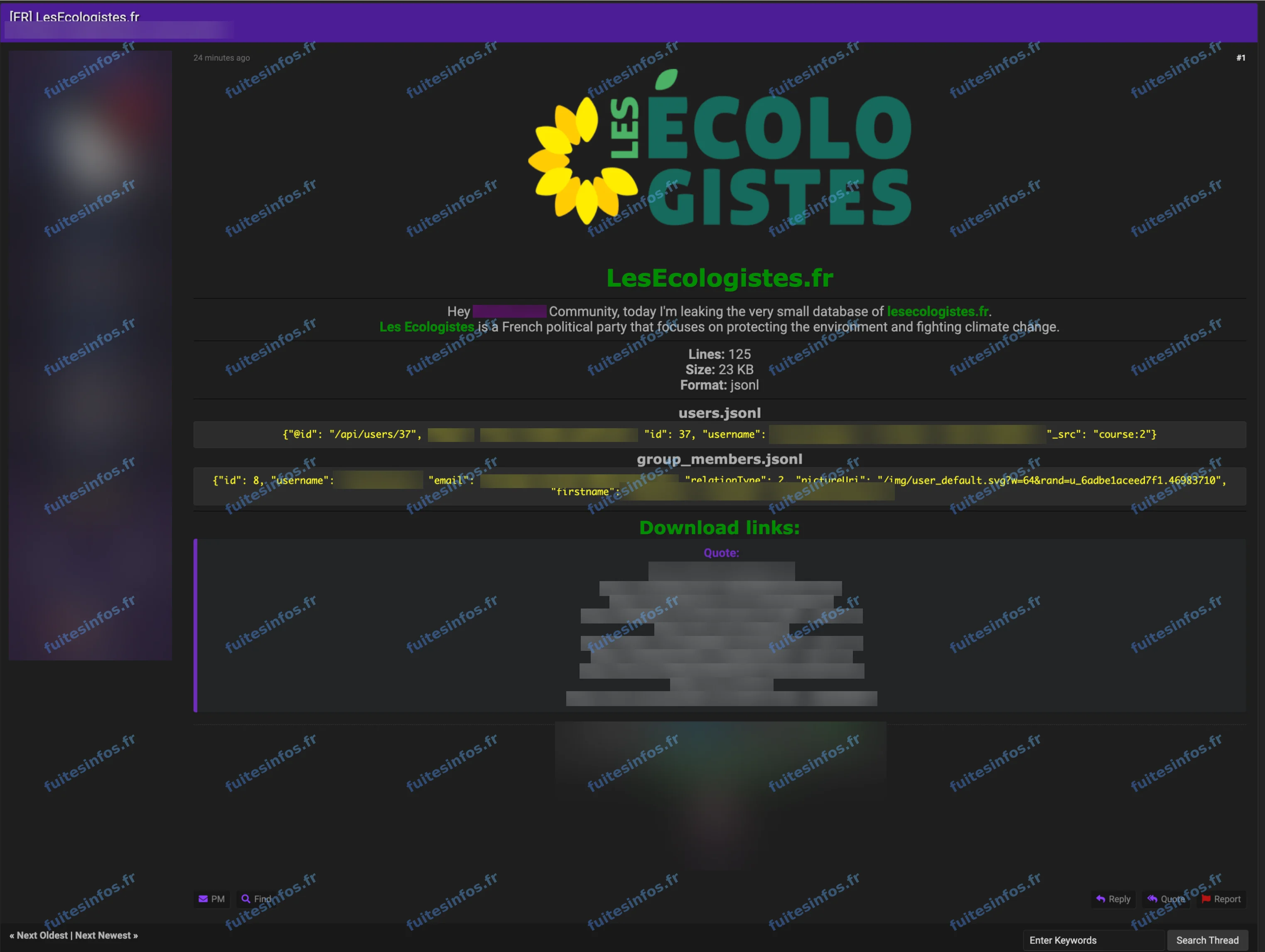 Capture filigranée et masquée de la publication visant Les Écologistes sur un forum cybercriminel
