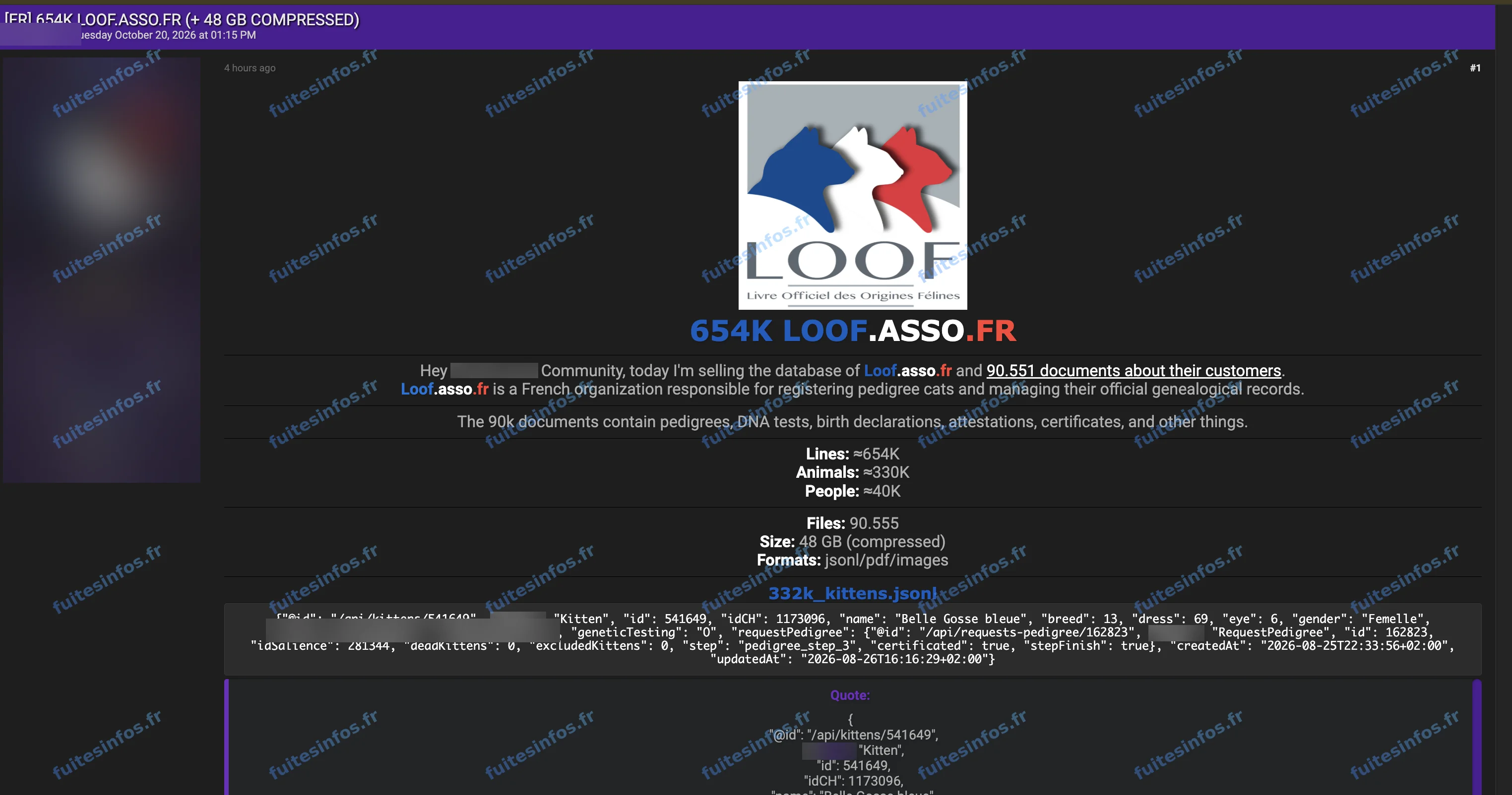 Capture filigranée et masquée de l'annonce de mise en vente de données présentées comme issues du LOOF