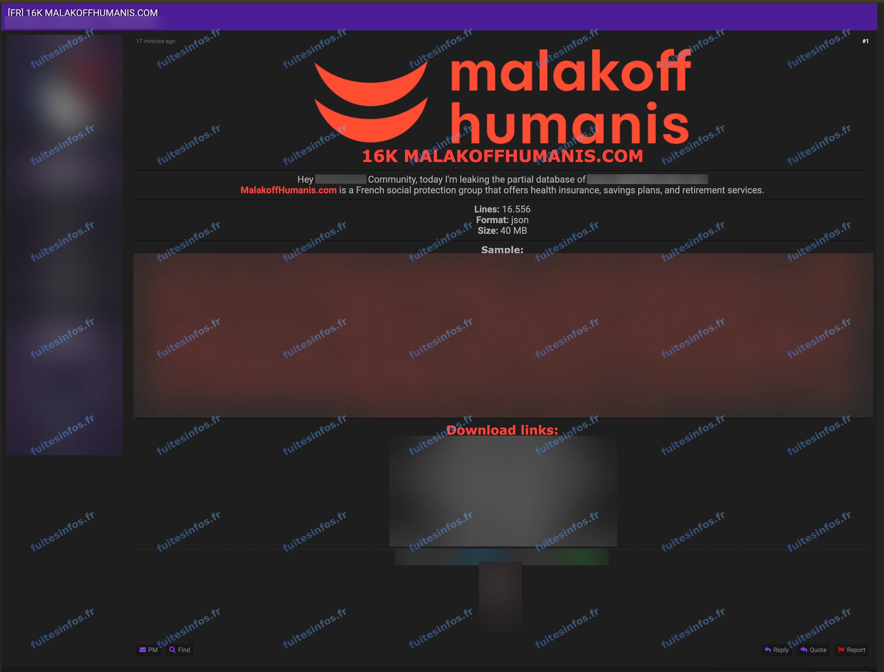 Capture filigranée et masquée de la publication du fichier attribué à Malakoff Humanis sur un forum cybercriminel