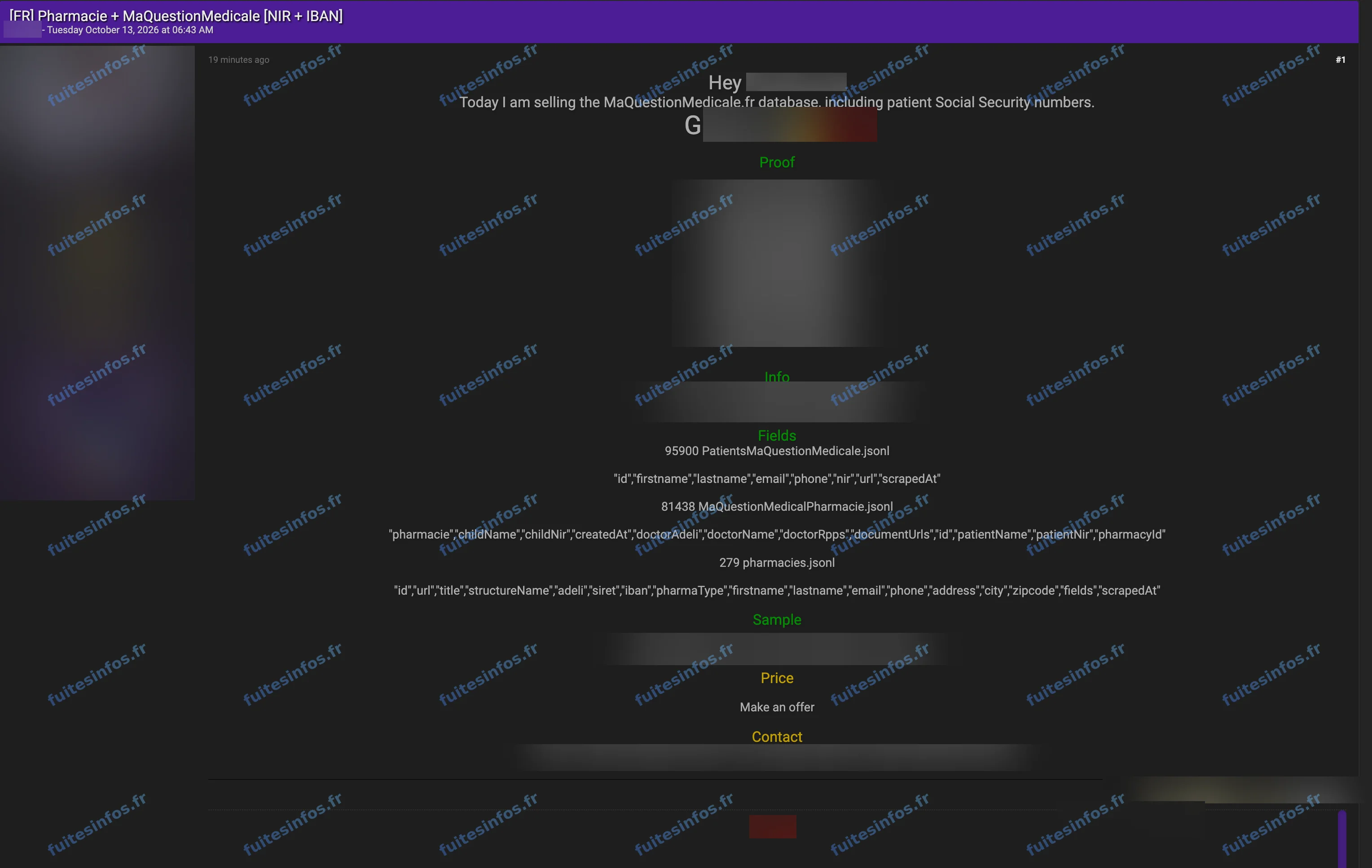 Capture filigranée et masquée de l'annonce de mise en vente de la base attribuée à MaQuestionMedicale