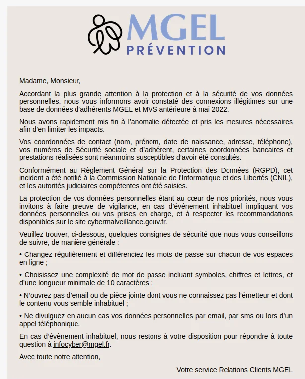 Capture du courrier de notification de la MGEL à ses adhérents