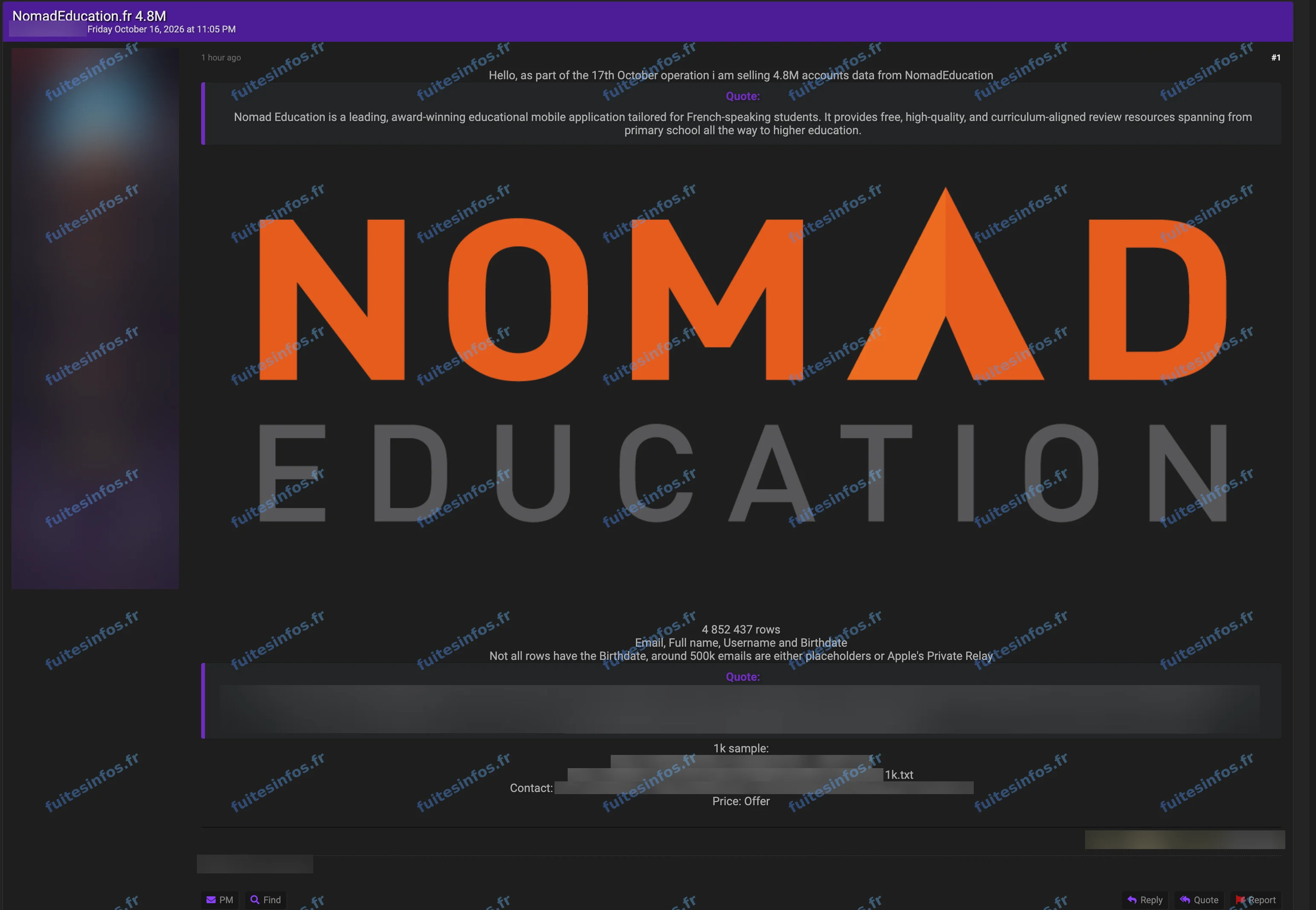Capture filigranée et masquée de l'annonce de mise en vente des données de Nomad Education