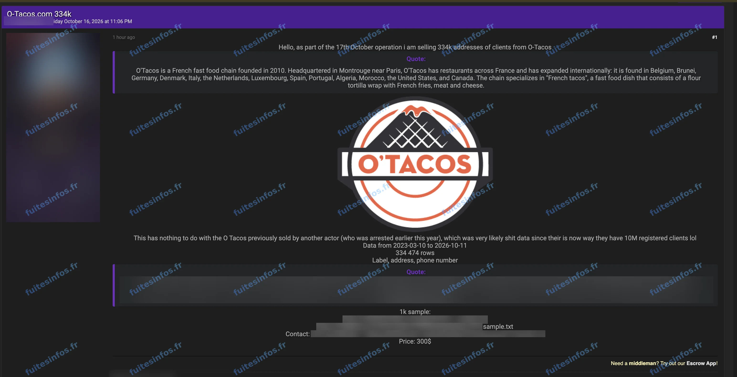 Capture filigranée et masquée de l'annonce de vente visant O’Tacos