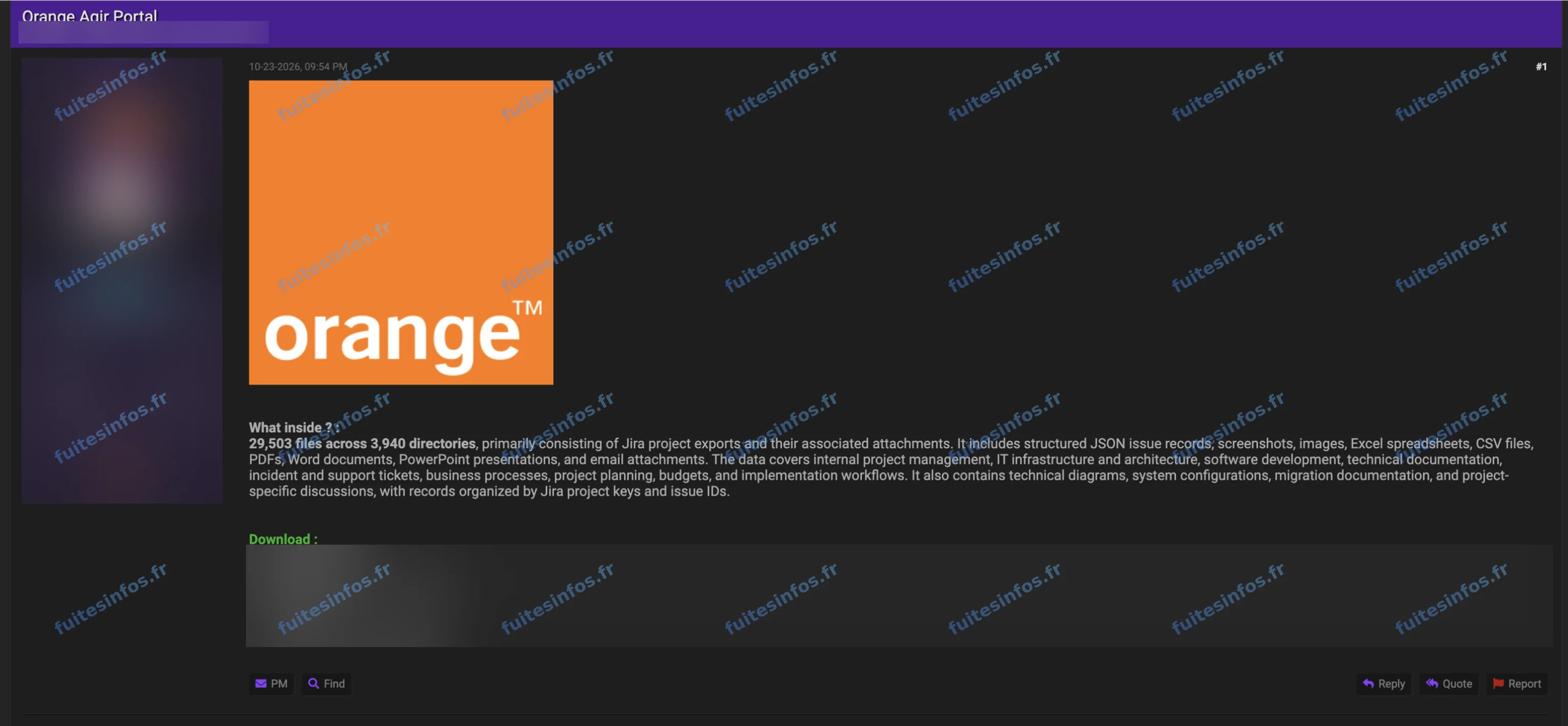 Capture filigranée et floutée de l'annonce publiée sur un forum cybercriminel, présentant le dépôt « Orange Agir Portal »