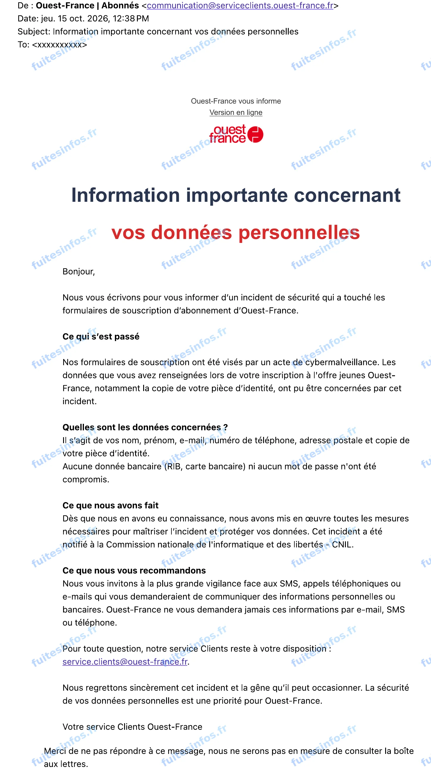 Capture filigranée du courriel d'Ouest-France informant les abonnés de son offre jeunes de l'incident de sécurité