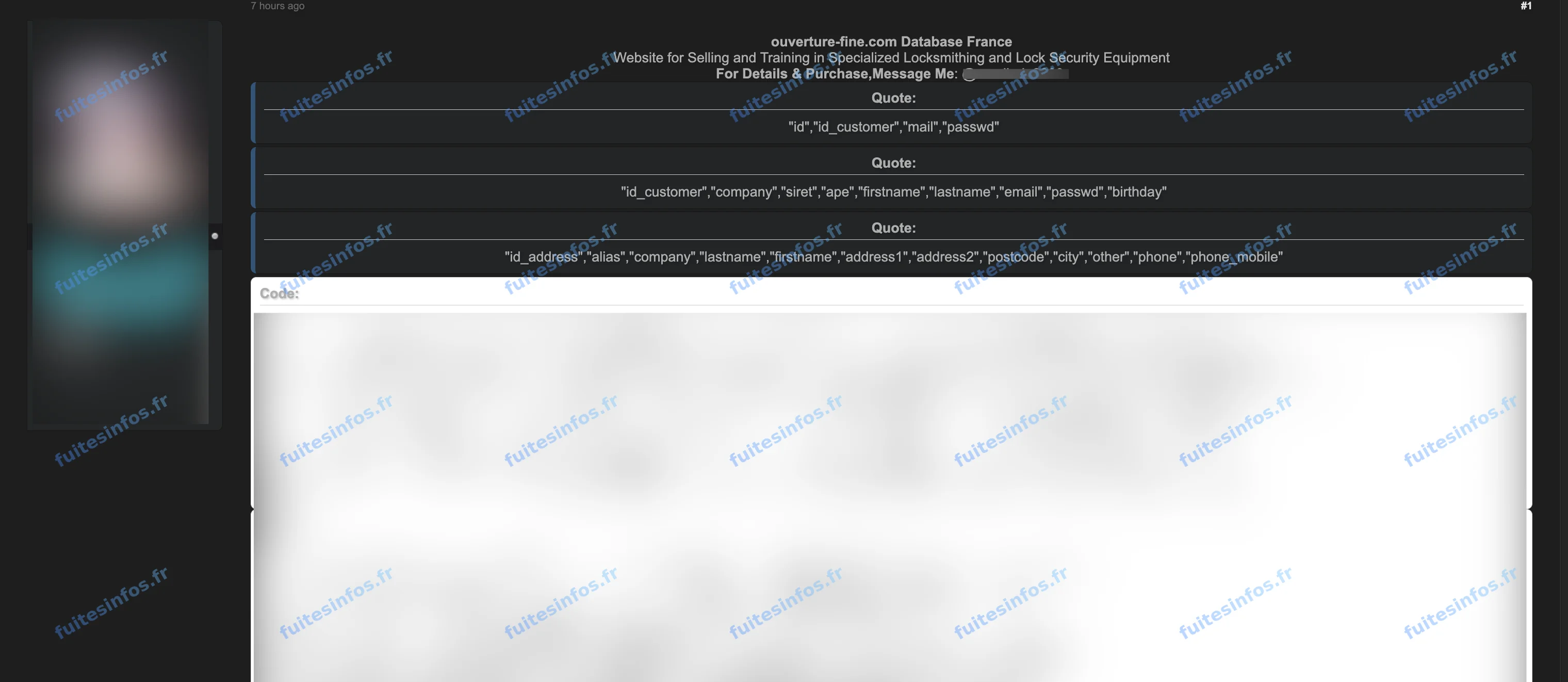 Capture filigranée et masquée de la mise en vente des données attribuées à ouverture-fine.com sur un forum cybercriminel
