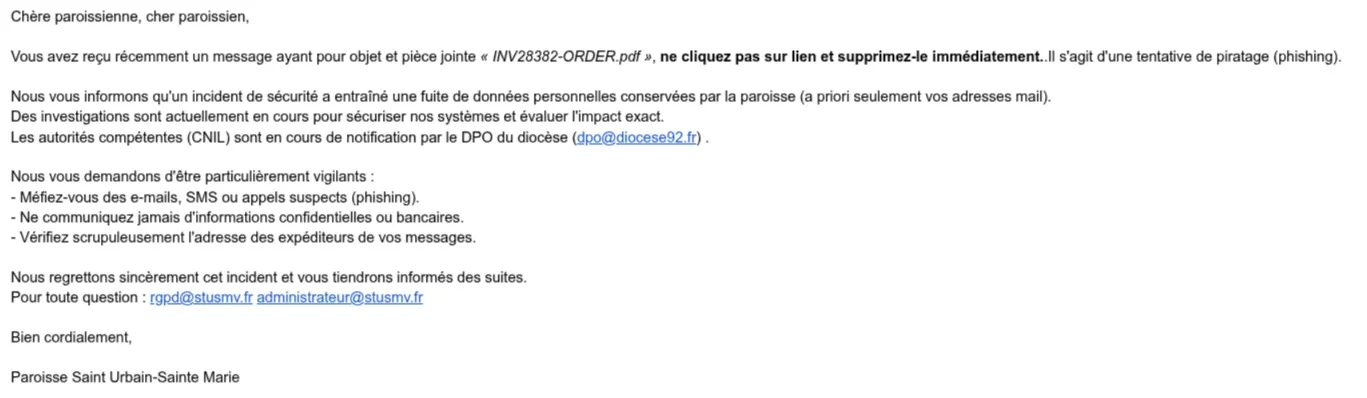 Capture du message adressé par la paroisse Saint-Urbain / Sainte-Marie à ses paroissiens