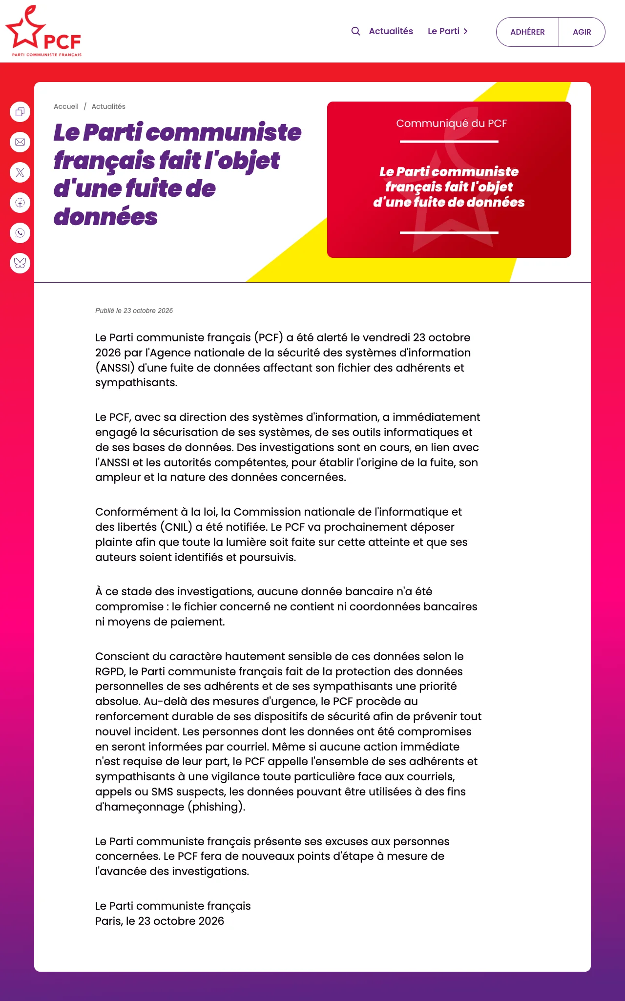 Capture du communiqué du Parti communiste français du 23 octobre 2026 annonçant une fuite de données
