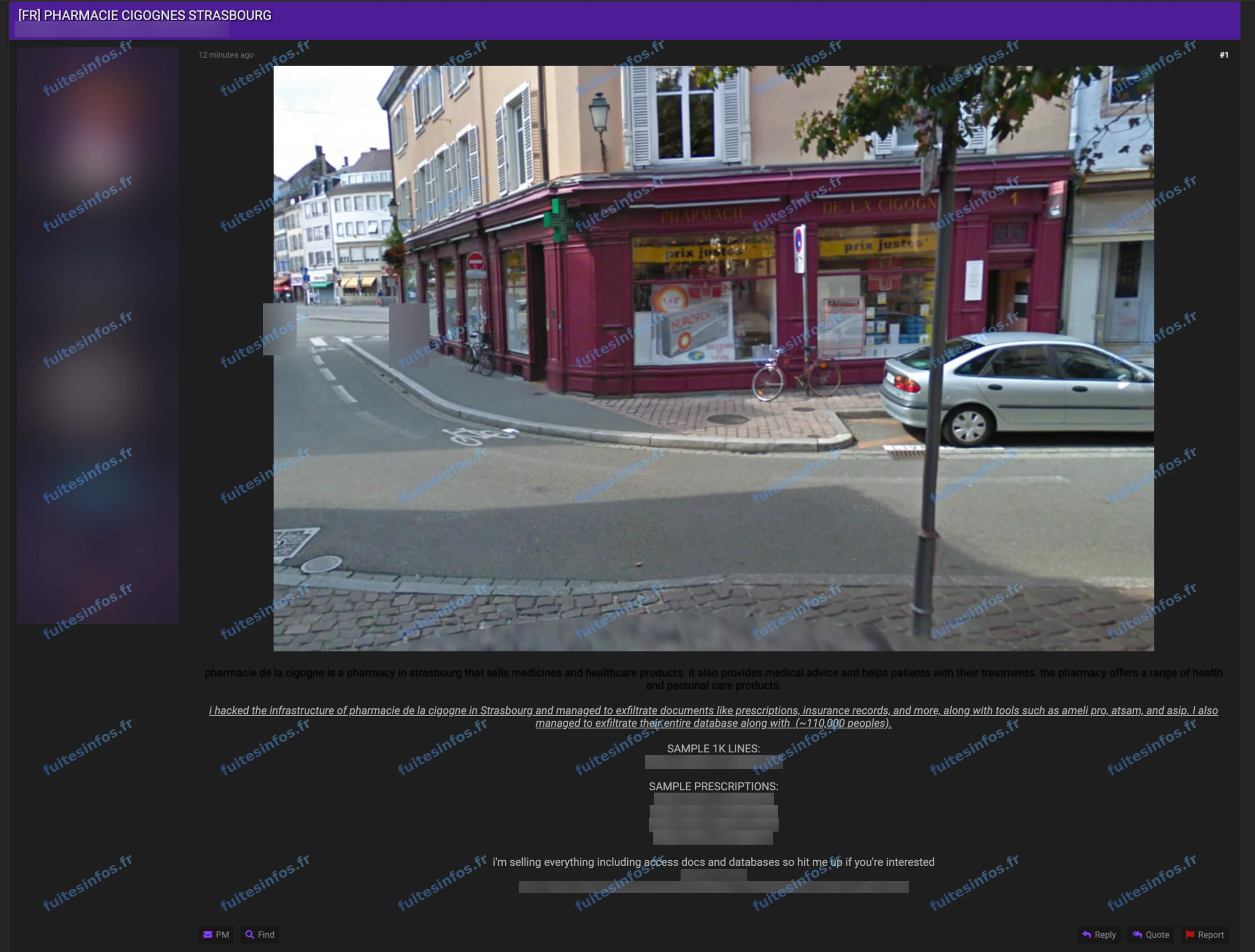 Capture filigranée et masquée de l'annonce de mise en vente visant la Pharmacie de la Cigogne
