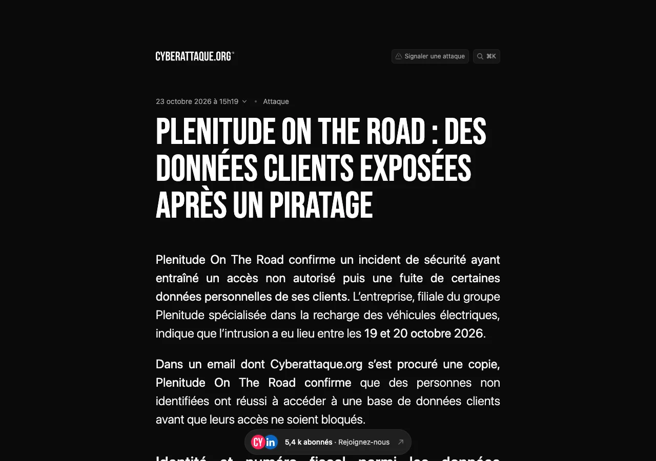 Capture de l'article de presse relayant l'e-mail de Plenitude On The Road à ses clients