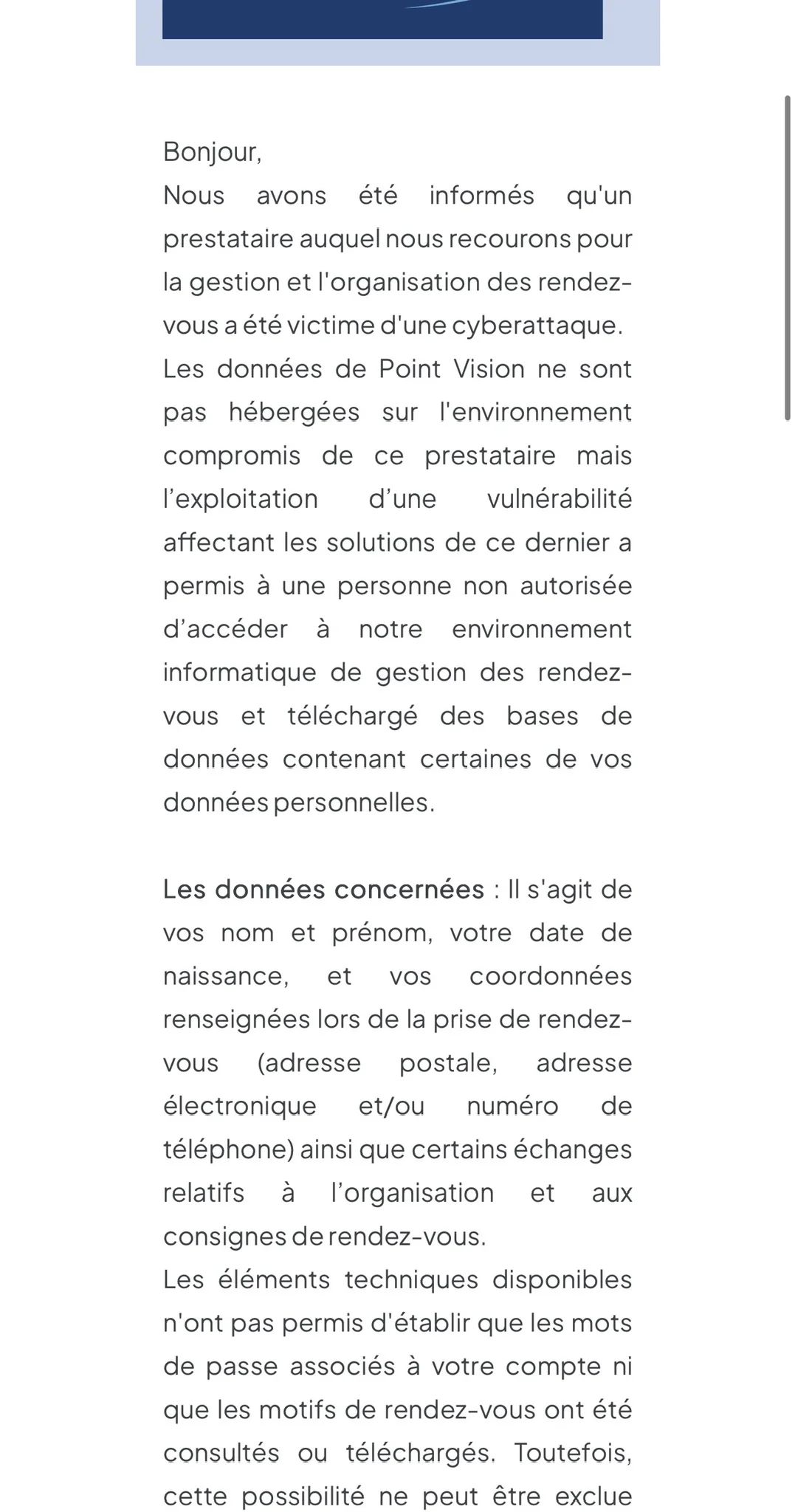 Capture du second courriel de notification adressé par Point Vision à ses patients