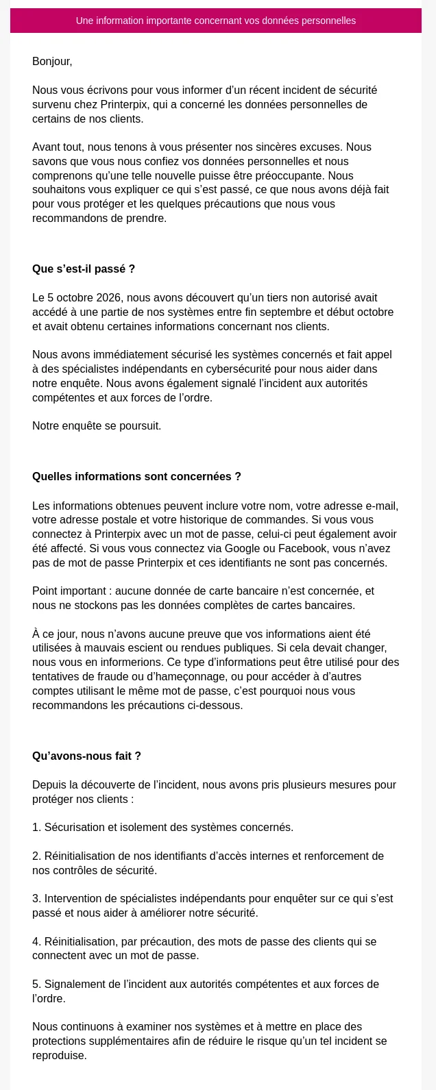 Capture du courriel de notification envoyé par Printerpix à ses clients
