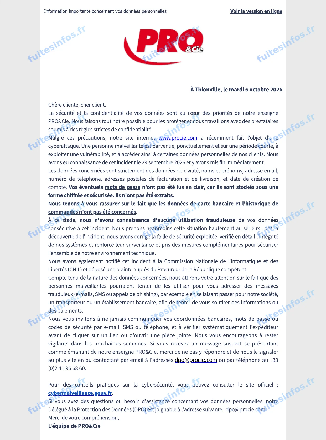 Capture filigranée du courriel de PRO&Cie informant ses clients de la cyberattaque visant son site