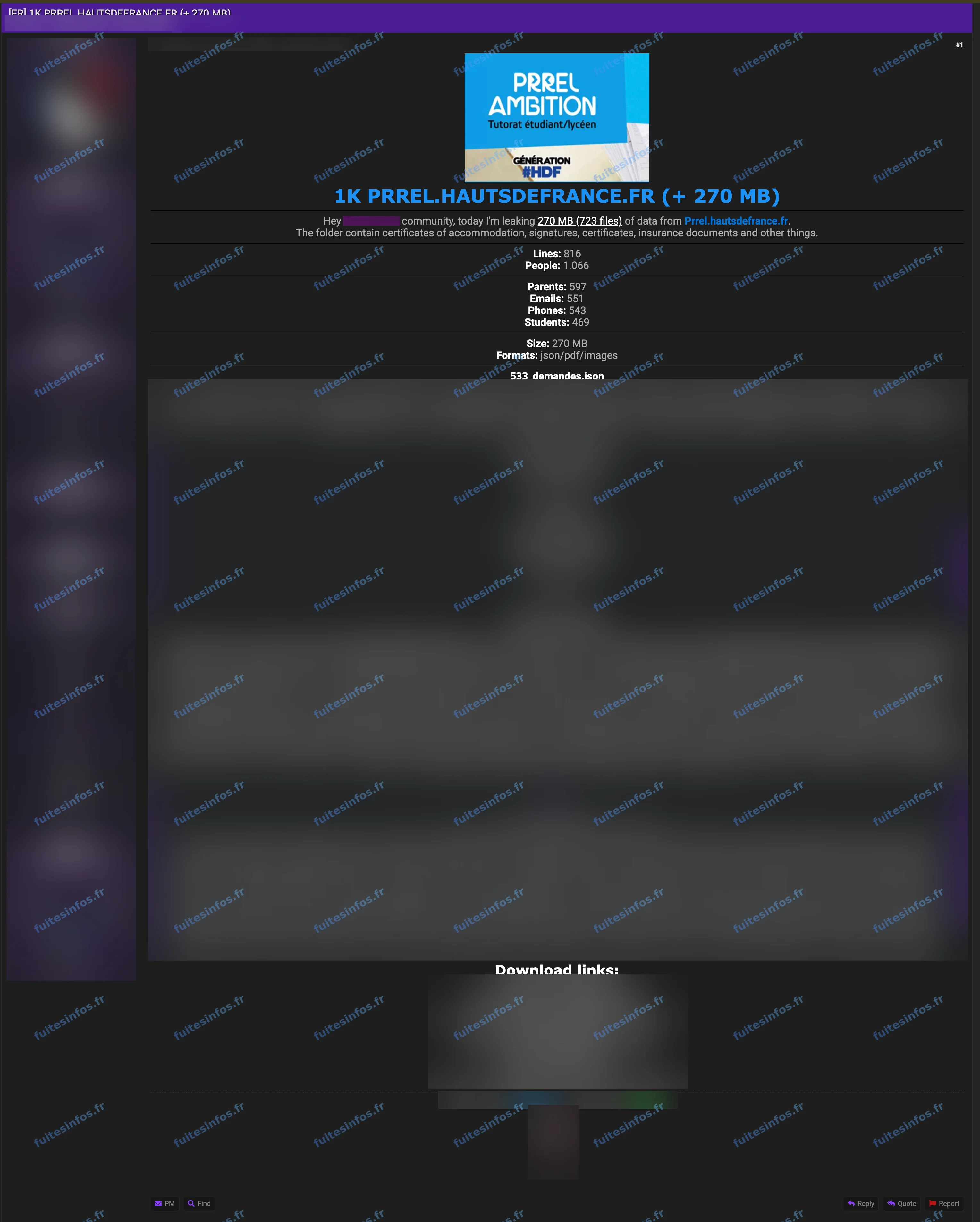 Capture filigranée et masquée de la publication des données de PRREL Ambition sur un forum cybercriminel