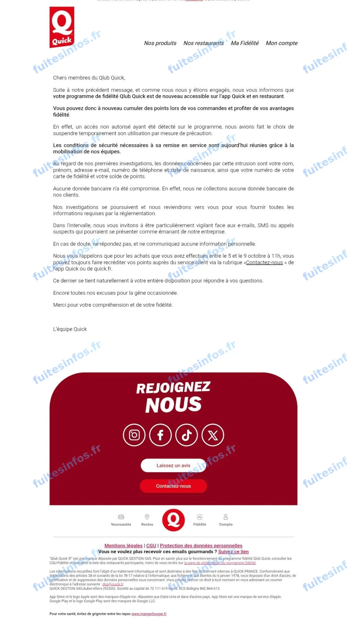 Capture filigranée du courriel adressé par Quick aux membres du Qlub Quick