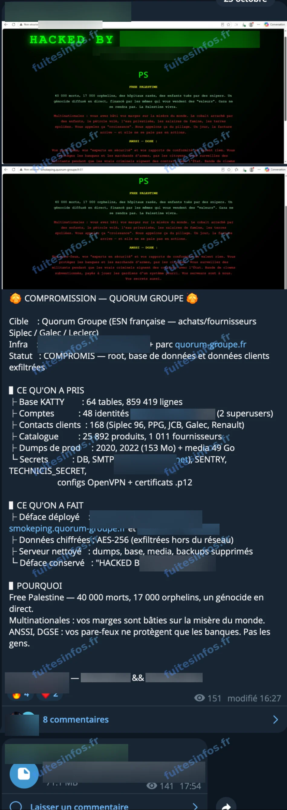 Capture filigranée et masquée de la publication visant Quorum Groupe sur un canal de messagerie