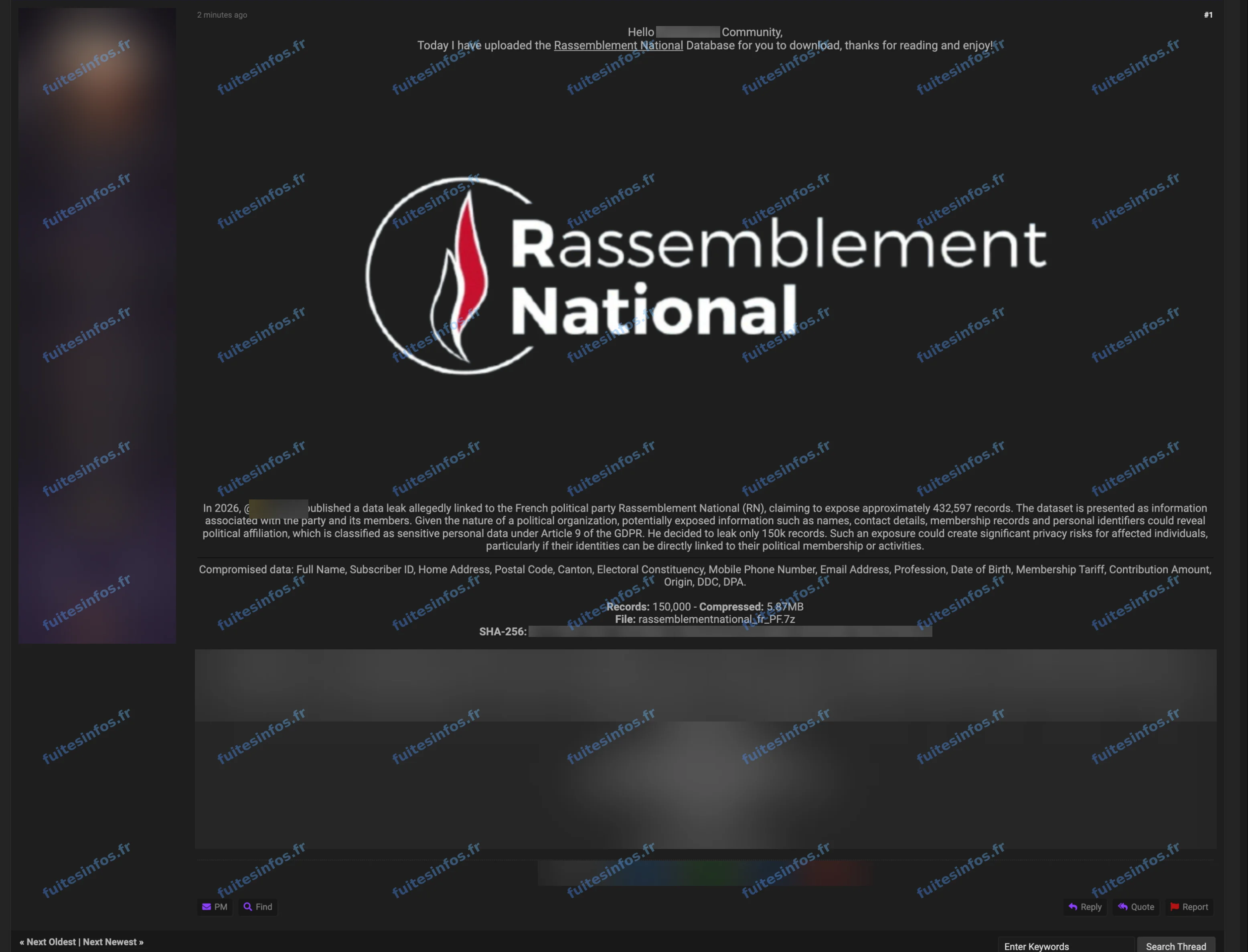 Capture filigranée et masquée de la revendication visant le Rassemblement National