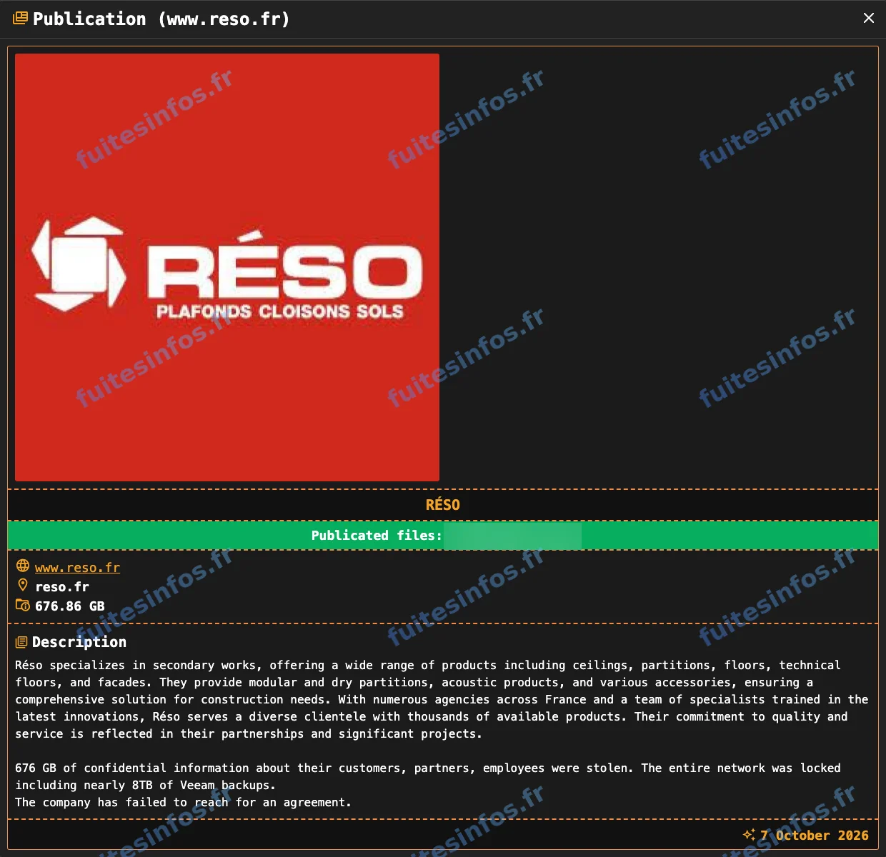 Capture filigranée et masquée de la publication visant Réso sur le site de fuite d'un groupe de rançongiciel
