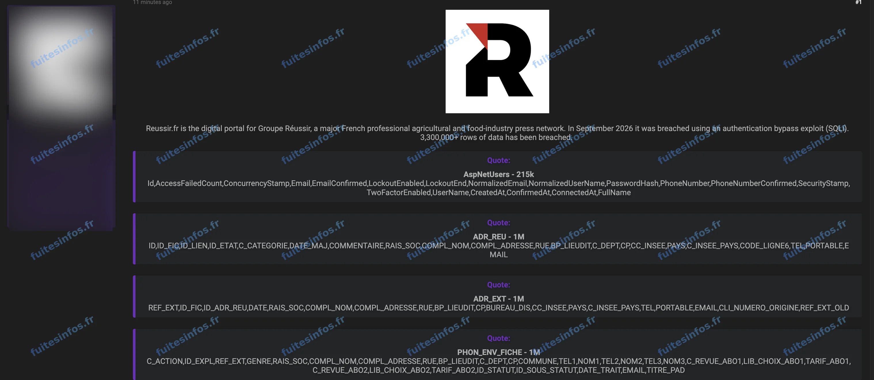 Capture filigranée et masquée de la mise en vente des données présentées comme issues de reussir.fr sur un forum cybercriminel