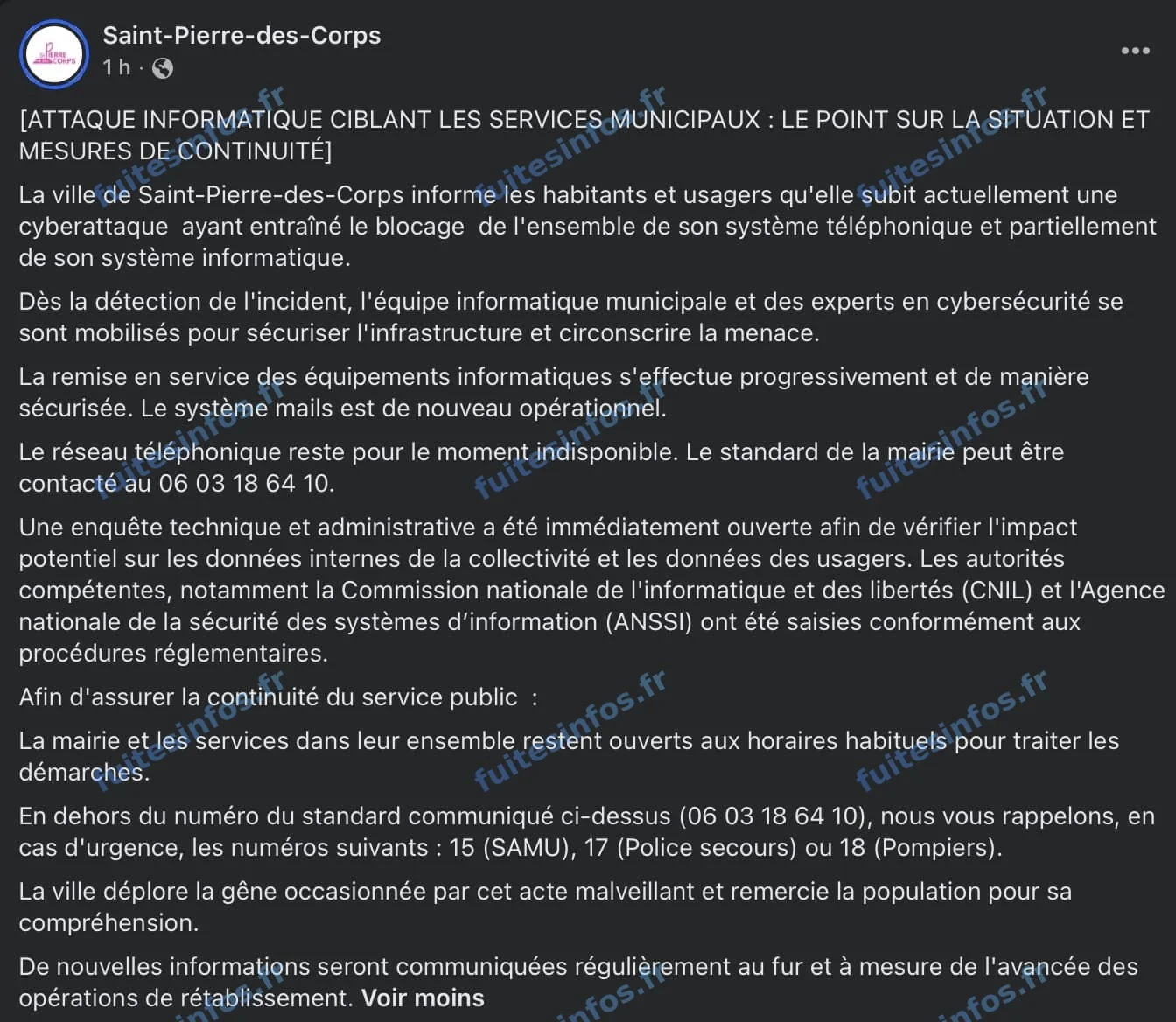 Capture filigranée de l'annonce de la ville de Saint-Pierre-des-Corps sur la cyberattaque