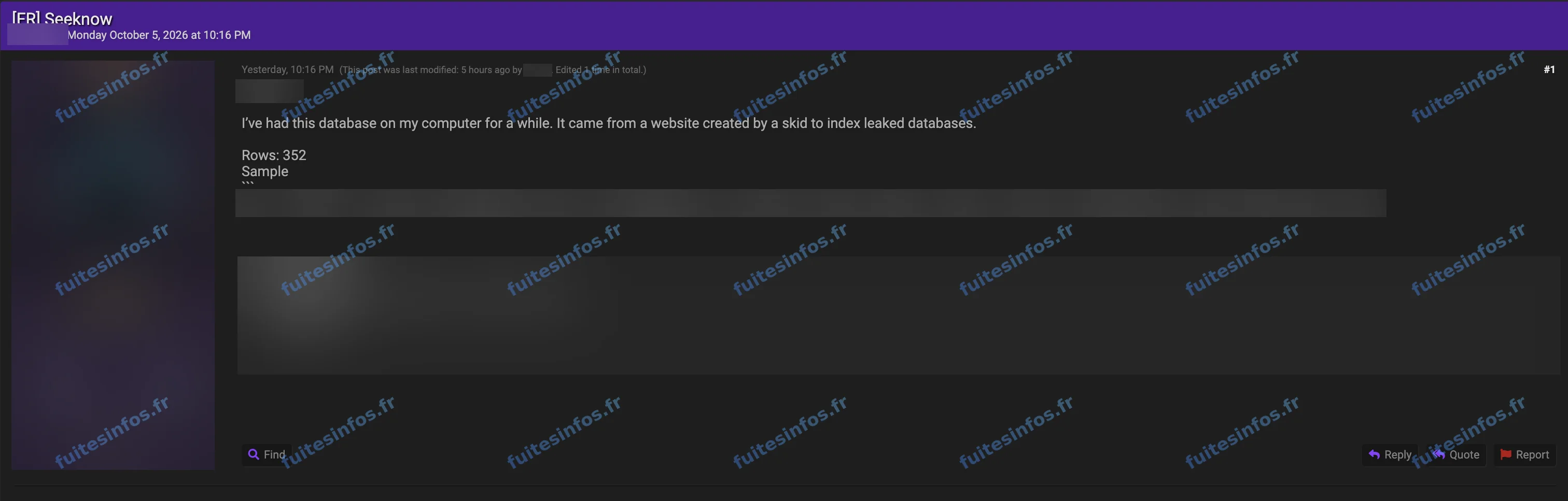 Capture filigranée et masquée de la publication visant SeekNow sur un forum cybercriminel