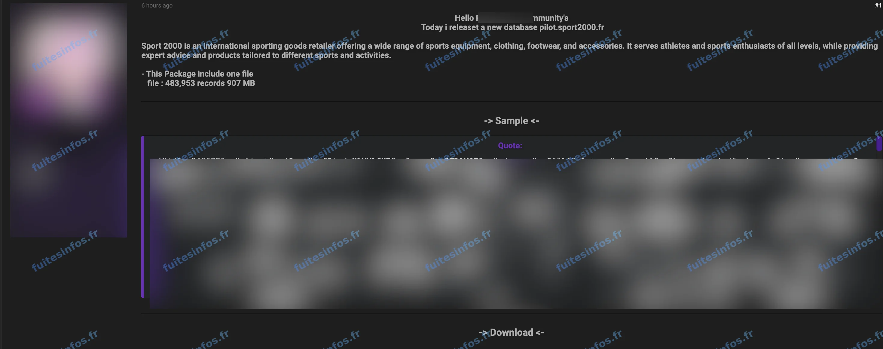 Capture filigranée et masquée de la diffusion de la base de réservations de Sport 2000 sur un forum cybercriminel