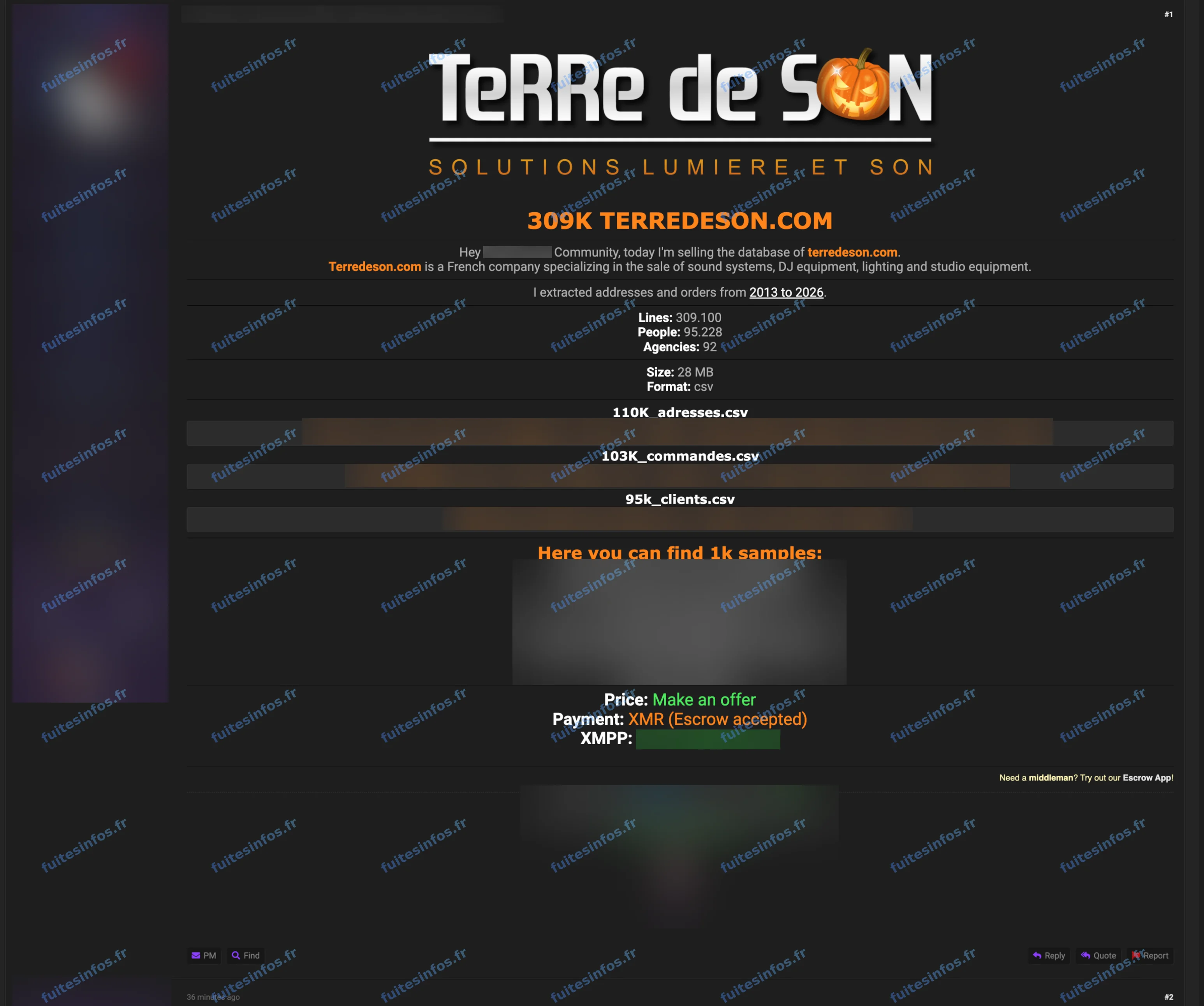 Capture filigranée et masquée de l'annonce de mise en vente visant Terre de Son