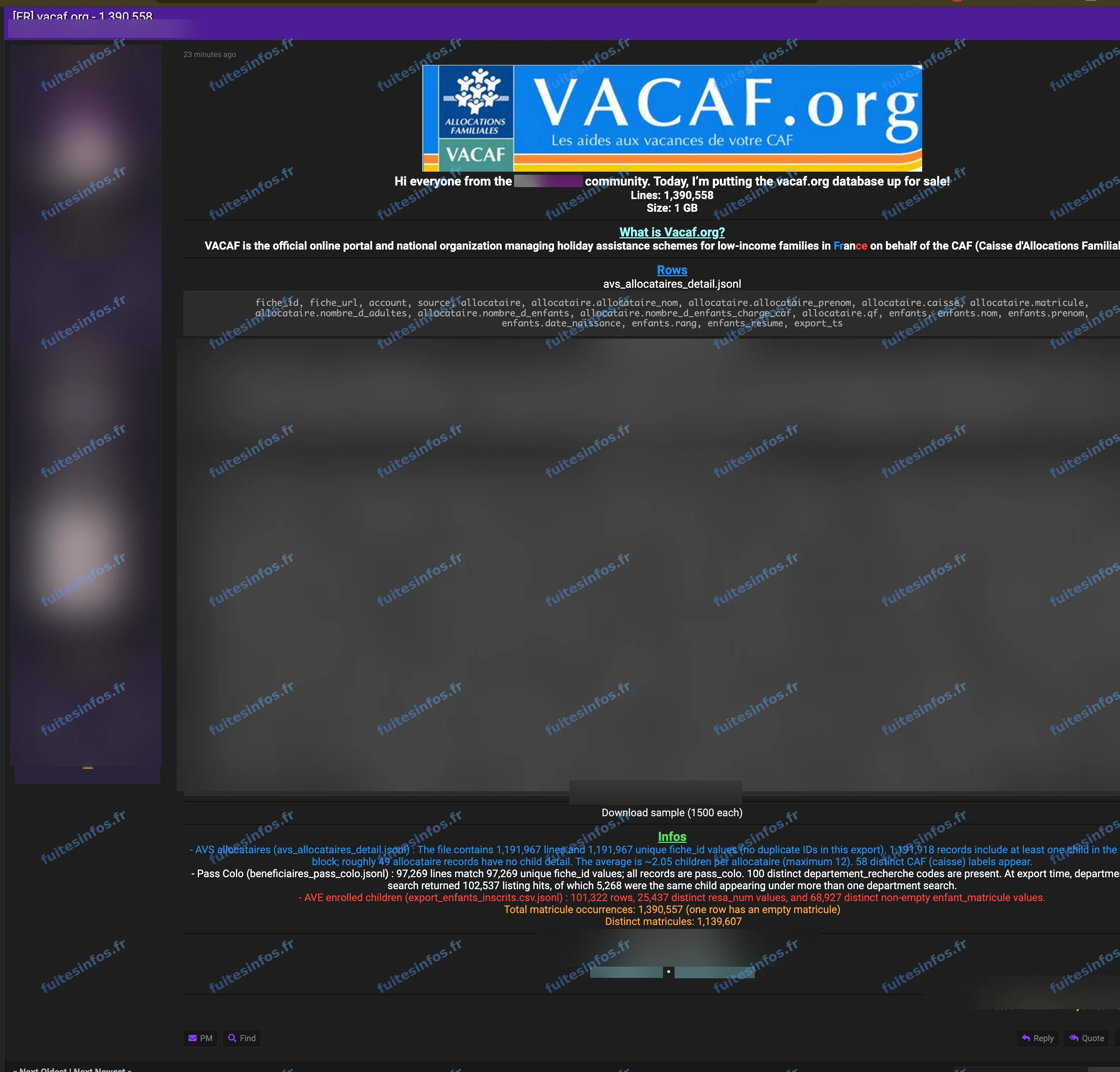 Capture filigranée et masquée de la mise en vente visant VACAF sur un forum cybercriminel