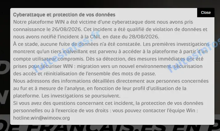 Capture filigranée du message publié par Wimoov sur son site officiel