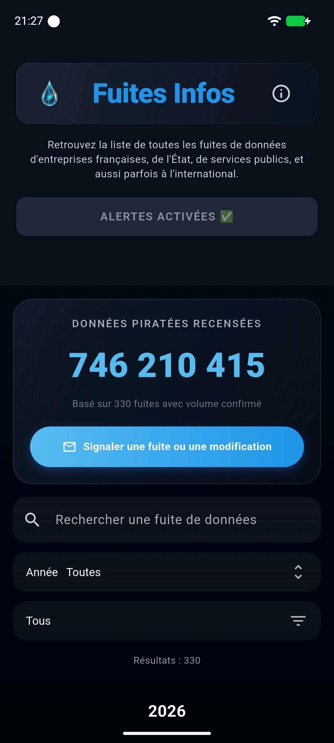 Aperçu de l'application Fuites Infos